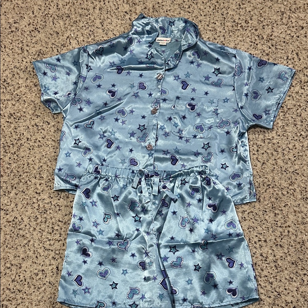 Limited Too Blue Satin Pajama Set with Heart and Star Design